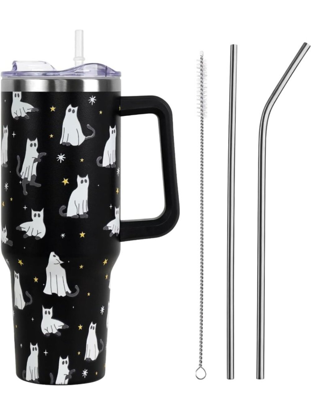 Spooky Halloween Tumbler 40oz with Lid & Straw, Cute Ghost Cat, Insulated Gift